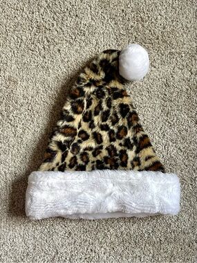 Mcbling Y2K White Trim Leopard Print Faux Fur Christmas Santa Hat